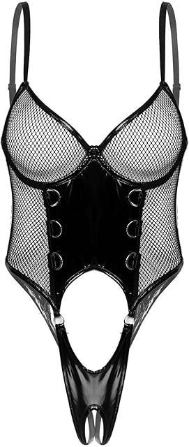 Women Wet Look Faux Leather Lingerie Set Fishnet Zip Crotch Bodysuit with Mini Skirt 2 Pc See Through Teddy Babydolls