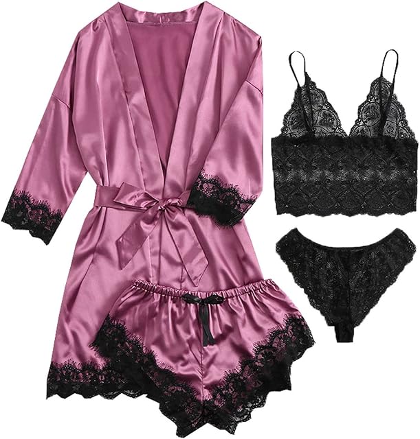 Women Silk Pajama Sets for Women Lace Satin Sexy Lingerie 4 Piece Sleepwear Cami Lace Pjs Set with Robes PJ Sets