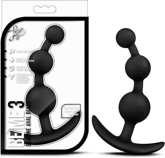 Blush Luxe 5.25" Be Me 3 Silicone Beaded Butt Plug, Beginners Ultrasilk Satin Smooth Flexible Anal Trainer & Prostate Massager, EZ Handle, Body-Safe - Adult Sex Toy for Women, Men, Couples - (Black)