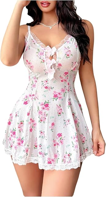 Women's Floral Print Bow Lace Babydoll Lingerie Lace Up V Neck Spaghetti Strap Night Dress