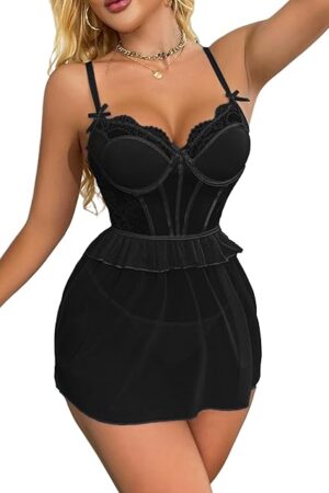 Women's Sexy 2 Piece Lingerie Sets Flower Sheer Lace Babydoll Dress G-String Panty Nightwear
