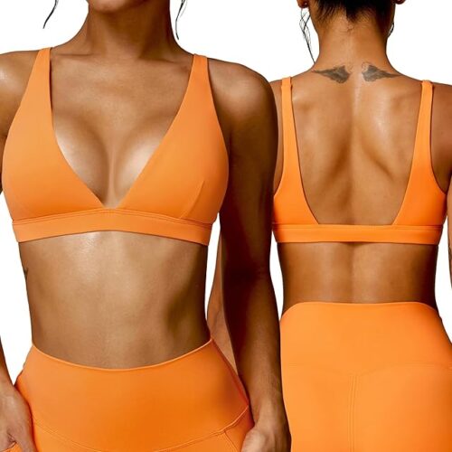 Womens Sports Bra Workout Deep V-Neck Cross Back Bras Padded Spaghetti Straps Backless Yoga Bra Gym Fitness Bustier