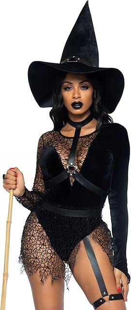 Women's 3 PC Crafty Witch Costume with Bodysuit, Harness, Hat