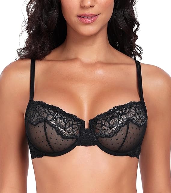 Women's Plus Size Sexy Unpadded Underwire Lace Balconette Unlined Demi Sheer Bra
