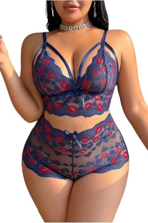 Women's Plus Size 2 Piece Lingerie Set Lip Print Lace Bra and Panty Set