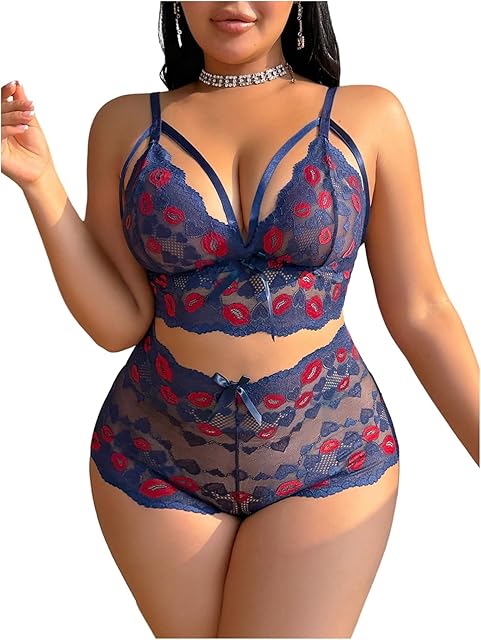 Women's Plus Size 2 Piece Lingerie Set Lip Print Lace Bra and Panty Set