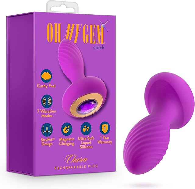 Blush Oh My Gem Charm 4.5" Silicone Vibrating Anal Plug, Amethyst Gem Base Rim - Stayput Design - 7 Vibes, USB, Elegant Butt Plug Prostate Massager - Adult Sex Toy for Women, Men, Couples - (Purple)