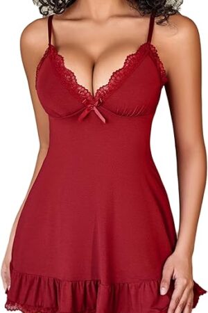 Women Lingerie Lace Chemise V Neck Sexy Nightgown Modal Babydoll Sleepwear