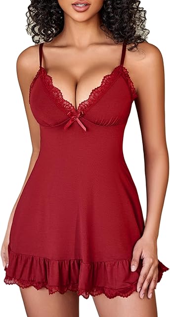 Women Lingerie Lace Chemise V Neck Sexy Nightgown Modal Babydoll Sleepwear