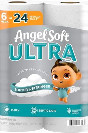 Angel Soft Ultra Toilet Paper, 6 Mega Rolls = 24 Regular Rolls, 2 Ply Toilet Tissue
