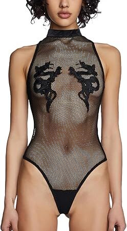 Bad Luck Dragon Fishnet Bodysuit by Club Exx  High Neck Bodysuit with Embroidered Dragon Accents