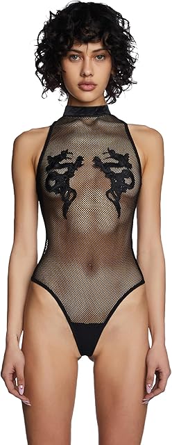 Bad Luck Dragon Fishnet Bodysuit by Club Exx High Neck Bodysuit with Embroidered Dragon Accents