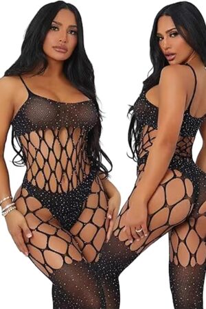 Women's Long Sleeve Open Low Cut Body Stocking Women's Mesh Bodystocking Off The Shoulder Fishnet Bodysuit