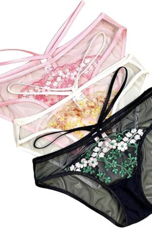 Women 3 Pack Floral Embroidery Mesh Panties Sexy Sheer Cut Out Brief Underwear