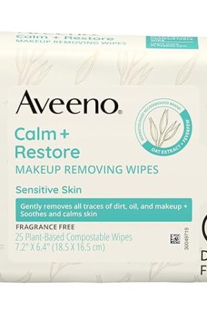 Aveeno Calm + Restore Unscented Makeup Remover Face Wipes, Fragrance Free Facial Cleansing Towelettes with Oat Extract & Calming Feverfew Leave Skin Feeling Soothed, Alcohol Free, 25 ct