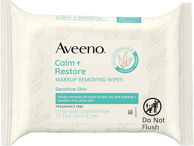 Aveeno Calm + Restore Unscented Makeup Remover Face Wipes, Fragrance Free Facial Cleansing Towelettes with Oat Extract & Calming Feverfew Leave Skin Feeling Soothed, Alcohol Free, 25 ct