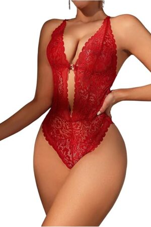 Women Sexy Cut Out Lace Cami Bodysuit Deep V Neck Scallop Trim One Piece Lingerie