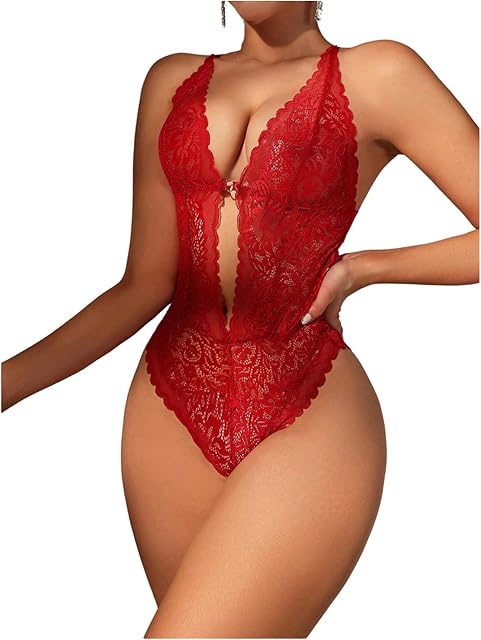 Women Sexy Cut Out Lace Cami Bodysuit Deep V Neck Scallop Trim One Piece Lingerie