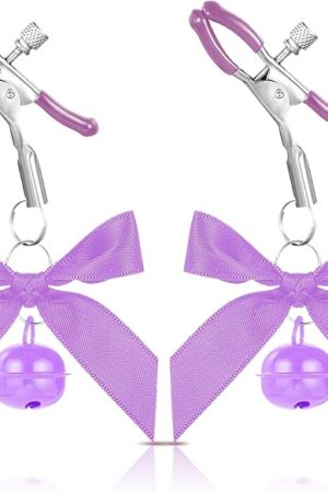 2Pcs Body Jewelry Non Piercing, Adjustable Nipple Clamps for Adult, Stainless Steel Bow Nipples Clips with Bell, Pressure Nipples Clamps with Chain, Purple Nipple Jewelry for Adults