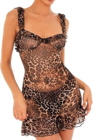 Leopard Ruffle Sheer Mesh Mini Dresses for Women Babydoll Lingerie Club Rave Concert Outfit See Through Party Dress