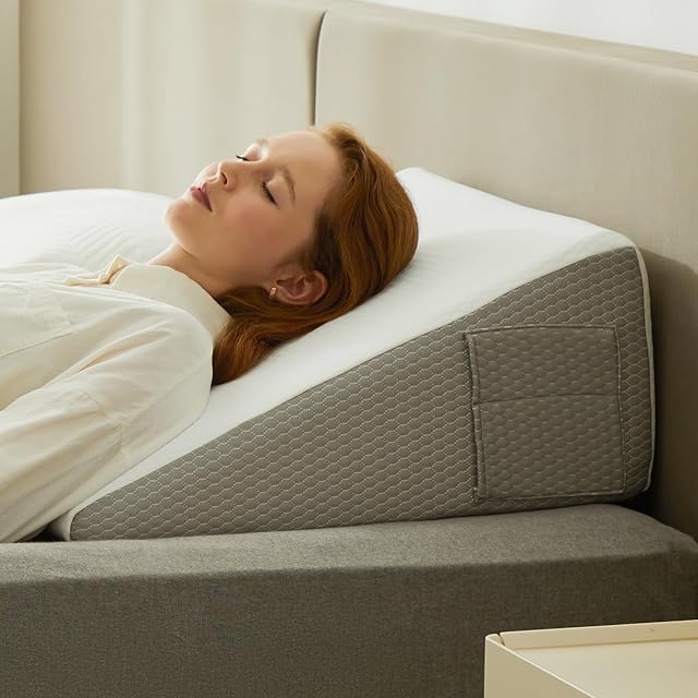 Wedge Pillow, 10 inch Bed Wedge Pillow for Headboard, Pillow Wedge for Acid Reflux Relief, Sleeping, Back Pain Relief, Snoring, Triangle Pillow Wedge - Cooling Memory Foam Top, White/Grey