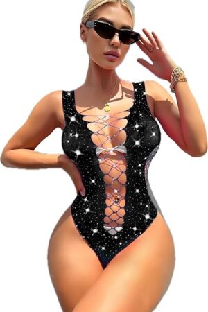 Diamond-Encrusted Fishnet Sexy Elastic Bodystocking Suspender Stockings Set- Lingerie for Holiday Party one piece black