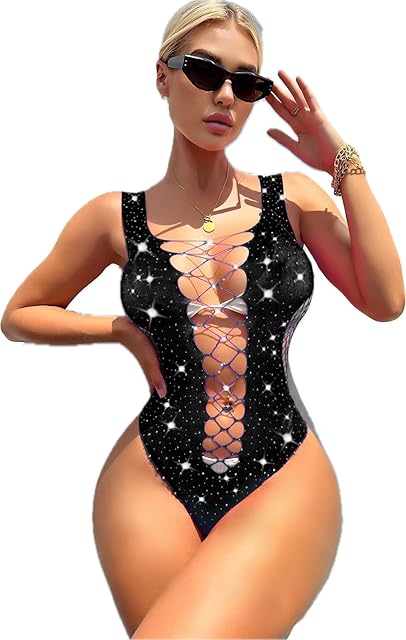 Diamond-Encrusted Fishnet Sexy Elastic Bodystocking Suspender Stockings Set- Lingerie for Holiday Party one piece black