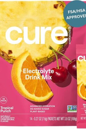 Cure Hydration | Plant-Based Electrolyte Drink Mix | No Added Sugar | Dehydration Relief Powder Made with Coconut Water | Non-GMO | Vegan | Pouch of 14 Packets - Tropical Punch