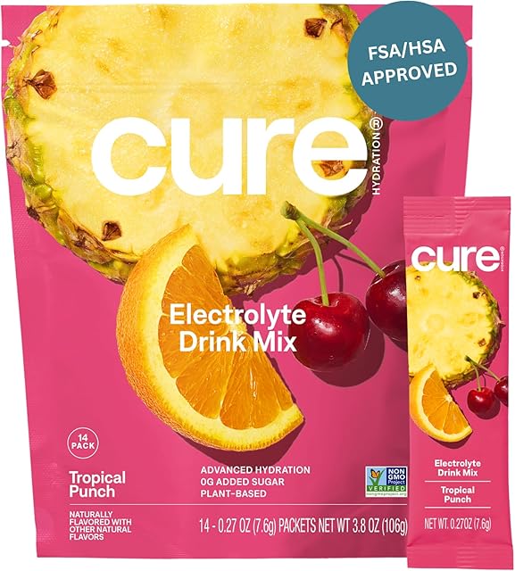 Cure Hydration | Plant-Based Electrolyte Drink Mix | No Added Sugar | Dehydration Relief Powder Made with Coconut Water | Non-GMO | Vegan | Pouch of 14 Packets - Tropical Punch