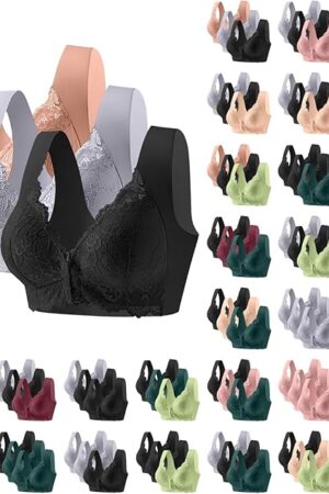 Front Closure Bras for Women 3PCS Lace Sexy Push Up Full Coverage Wireless Bras Solid Plus Size Everyday Bra