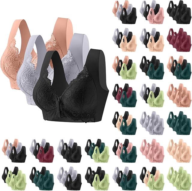 Front Closure Bras for Women 3PCS Lace Sexy Push Up Full Coverage Wireless Bras Solid Plus Size Everyday Bra