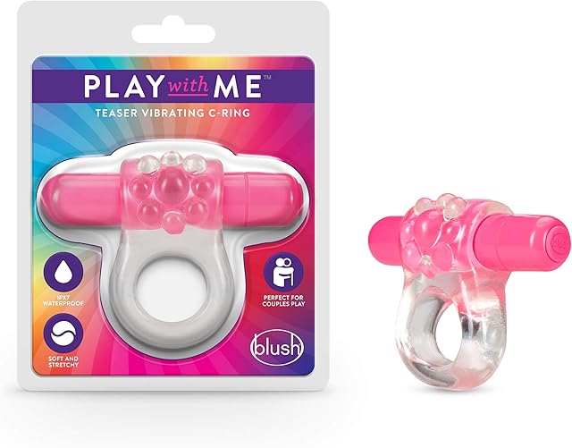 Blush Novelties Play with Teaser Vibrating C Ring - Tickles Clitoris for Pleasure - Soft and Cushiony - Stretchy Fits All Penises - IPX7 Waterproof - Sexual Enhancer - Stay Hard Longer - Pink