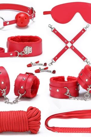 BDSM Sex Bed Bondage Restraints Kit Toys Rope Cuffs s&m Gear Couples Sexy Gifts Set Fuzzy Handcuffs Plush Leather Yoga Aid Set 10 Pieces Red, Comfortable Exercise Accessories-H