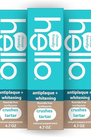 Hello Antiplaque Toothpaste, Fluoride Free for Teeth Whitening with Natural Peppermint Flavor and Tea Tree Oil, Peroxide Free, Gluten Free, SLS Free, 3 Pack, 47 OZ Tubes