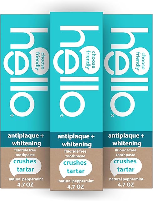 Hello Antiplaque Toothpaste, Fluoride Free for Teeth Whitening with Natural Peppermint Flavor and Tea Tree Oil, Peroxide Free, Gluten Free, SLS Free, 3 Pack, 47 OZ Tubes