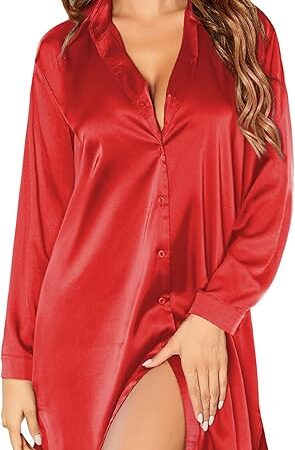 Womens Silk Satin Nightgown Button Down Sleepshirt Long Sleeve Sleepwear S-3XL