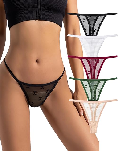 G-String Thongs for Women T-back Lace Hollow Out Thongs Sexy Low Waist Underwear Panties 5 Pack