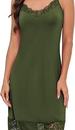 Women's Full Slips Adjustable Spaghetti Strap Lace Cami Slip Dress Satin Chemise Sexy V Neck Nightgown