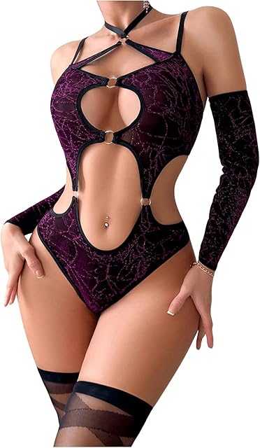 Women's Halter Cut Out Bodysuit Lingerie Spaghetti Strap Teddy Nightwear with Oversleeves