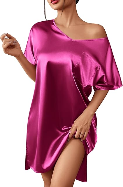 Women's Satin Nightgowns V Neck Side Split Sleepshirt Short Sleeves Sleepwear Chest Pocket Nightshirt S-XXL