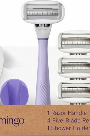 Flamingo Shaving Razor Set for Women - Original Razor Handle, 4 Blade Refills, and Shower Holder - Lilac