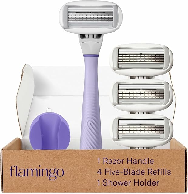 Flamingo Shaving Razor Set for Women - Original Razor Handle, 4 Blade Refills, and Shower Holder - Lilac
