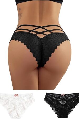 Women Sexy Floral Lace Underwear Criss Cross Seamless Bikini Panty Black and White