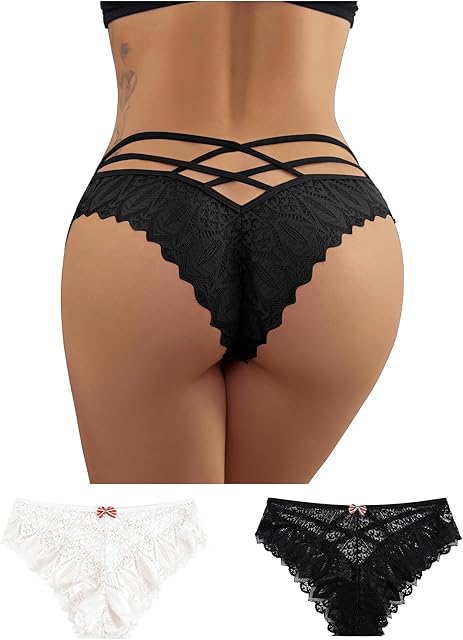 Women Sexy Floral Lace Underwear Criss Cross Seamless Bikini Panty Black and White