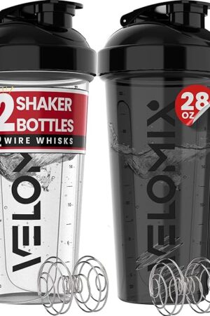 -2 Pack- 28 oz Protein Shaker Bottles for Protein Mixes - 2x Wire Whisk | Leak Proof Shaker Cups for Protein Shakes | Protein Shaker Bottle Pack (Black/Transparent)