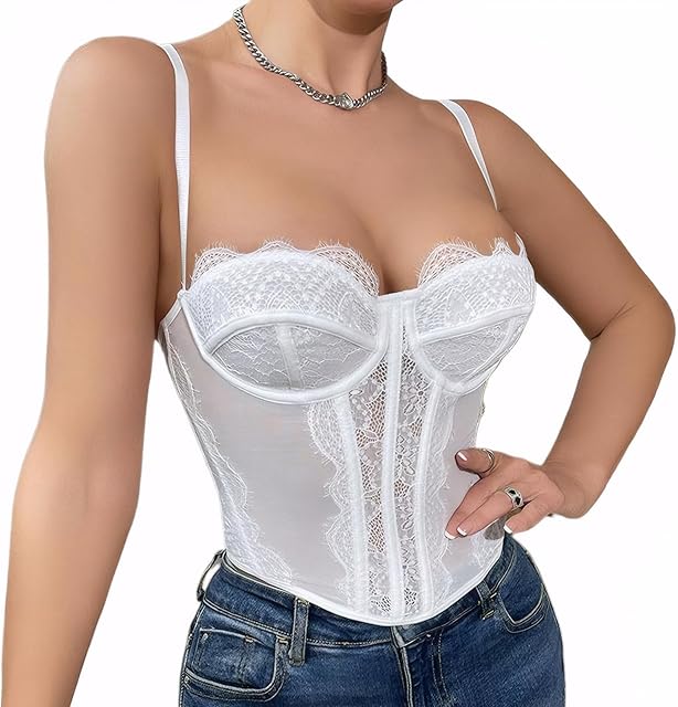Women's Lace Bustier Corset Tops Sexy Slim Fit Y2k Going Out Party Club Top with Buckle