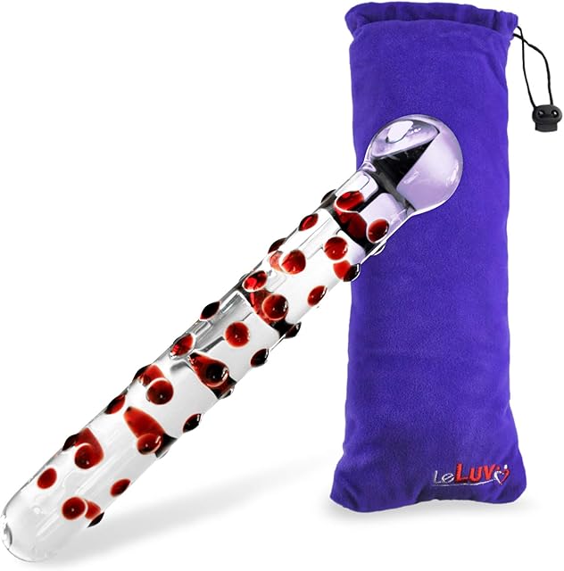 LeLuv Red 8" Bumpy Ride Nubby Glass Wand Dildo Sensual Probe with Premium Padded Pouch