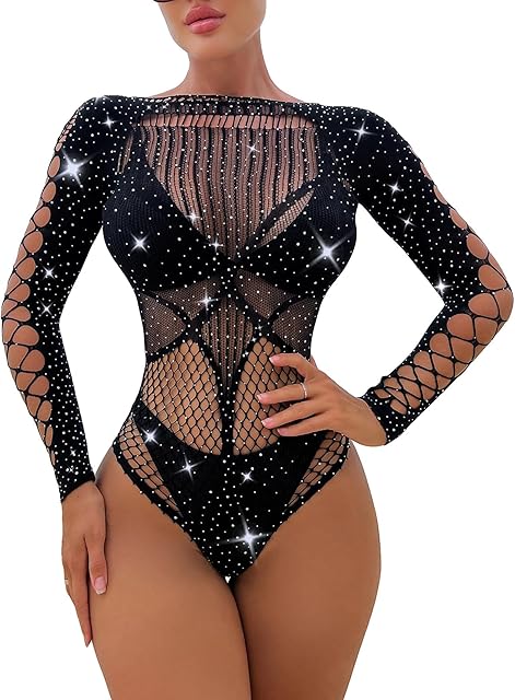 Women's Fishnet Rhinestone Bodysuit Top Cut Out Sexy Mesh Teddy Bodysuit