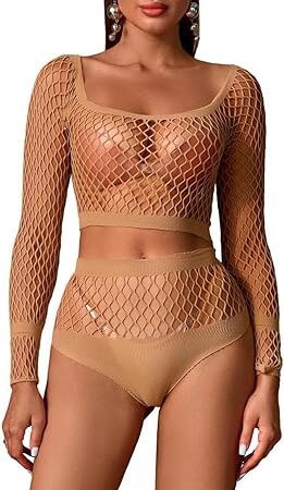 Women's Cut-Out Fishnet Lingerie Set Sexy Top with Bottoms See Through Shirts Long Sleeve Party Costume Set