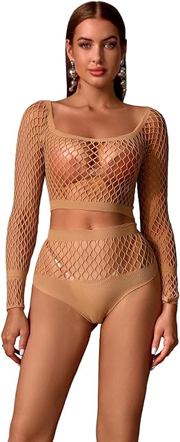 Women's Cut-Out Fishnet Lingerie Set Sexy Top with Bottoms See Through Shirts Long Sleeve Party Costume Set